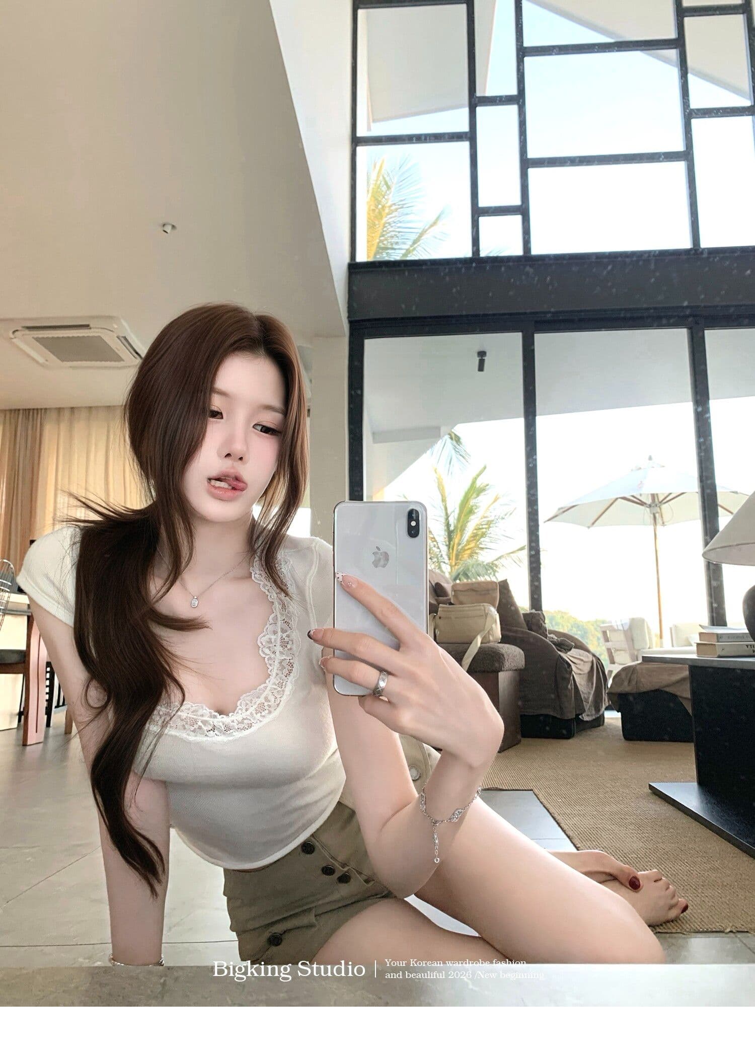 bigking 다이 킨 홈 얕은 욕망 마이크로 대 u 칼라 레이스 측면 반팔 티셔츠 여성 몸매 가꾸기 순수한 욕망 맨위 상세 이미지 13