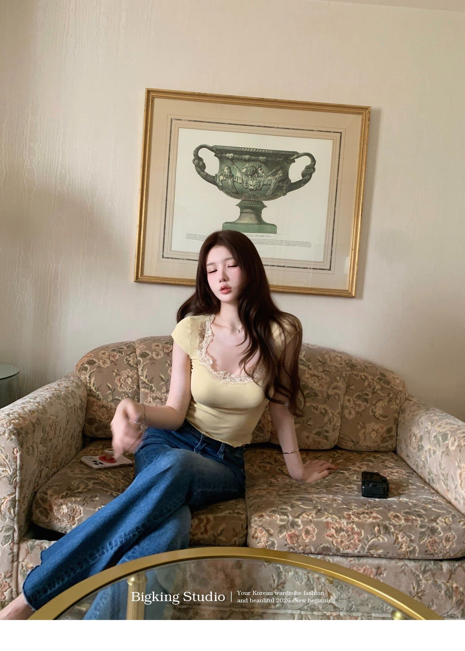 bigking 다이 킨 홈 얕은 욕망 마이크로 대 u 칼라 레이스 측면 반팔 티셔츠 여성 몸매 가꾸기 순수한 욕망 맨위 상세 이미지 16