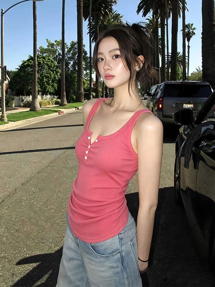 로즈 레드 반 개방 칼라 캐미솔 여름 외출용 몸매 가꾸기 슬림해 보이는 핫걸 고유 한 아름다운 그레이트 봐. 의류 상세 이미지 4