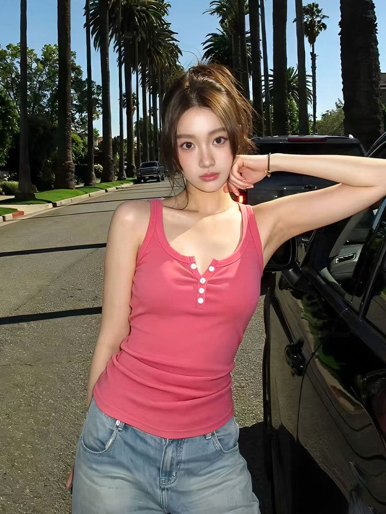 로즈 레드 반 개방 칼라 캐미솔 여름 외출용 몸매 가꾸기 슬림해 보이는 핫걸 고유 한 아름다운 그레이트 봐. 의류 상세 이미지 5