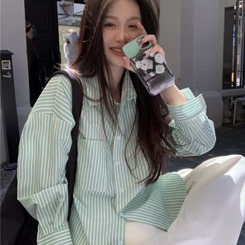 2026 새로운 스트라이프 여성 셔츠 봄 여름 얇은 스타일 품격 ins 트렌디 고급 센스 루즈핏 오픈 가디건 긴팔 맨위 상세 이미지 7