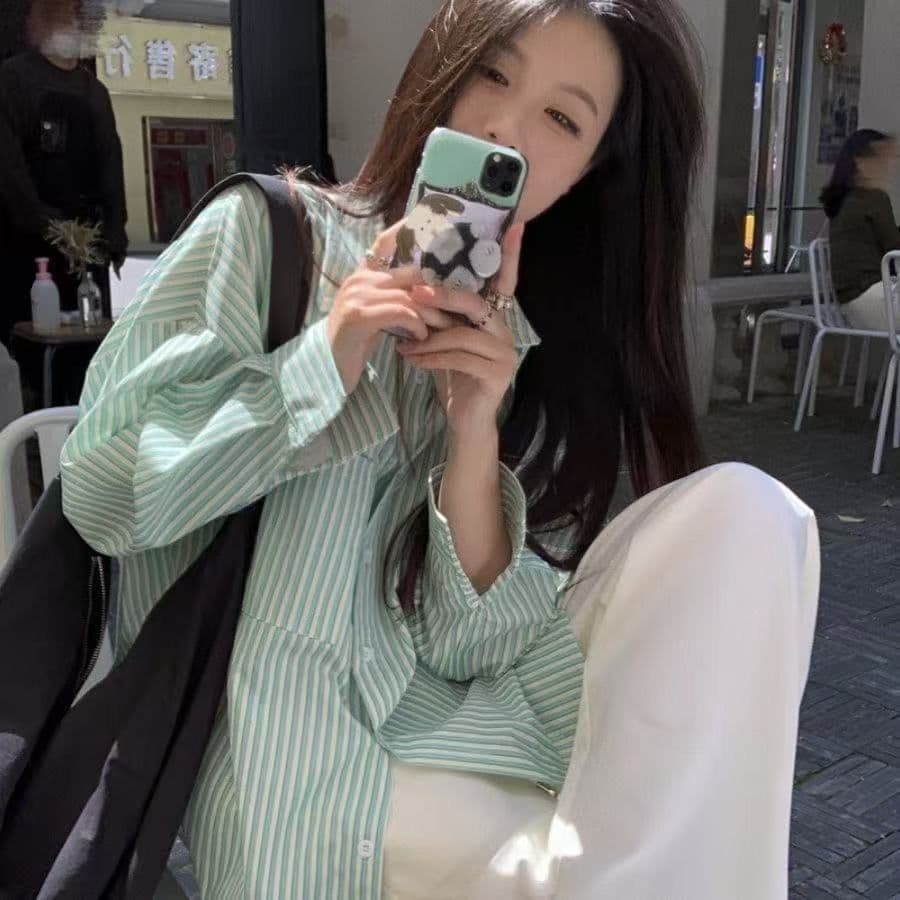 2026 새로운 스트라이프 여성 셔츠 봄 여름 얇은 스타일 품격 ins 트렌디 고급 센스 루즈핏 오픈 가디건 긴팔 맨위 상세 이미지 9
