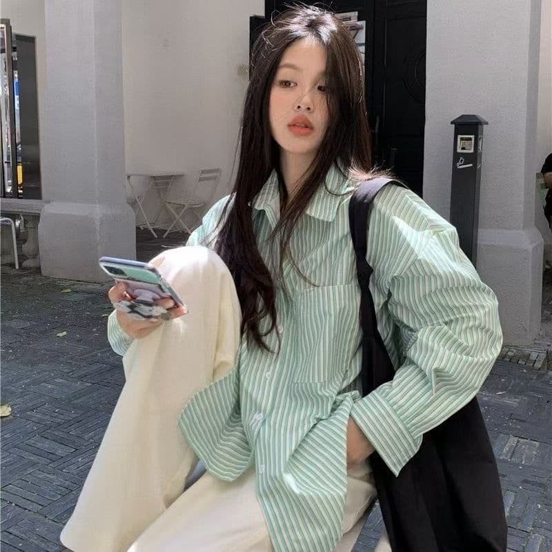 2026 새로운 스트라이프 여성 셔츠 봄 여름 얇은 스타일 품격 ins 트렌디 고급 센스 루즈핏 오픈 가디건 긴팔 맨위 상세 이미지 11