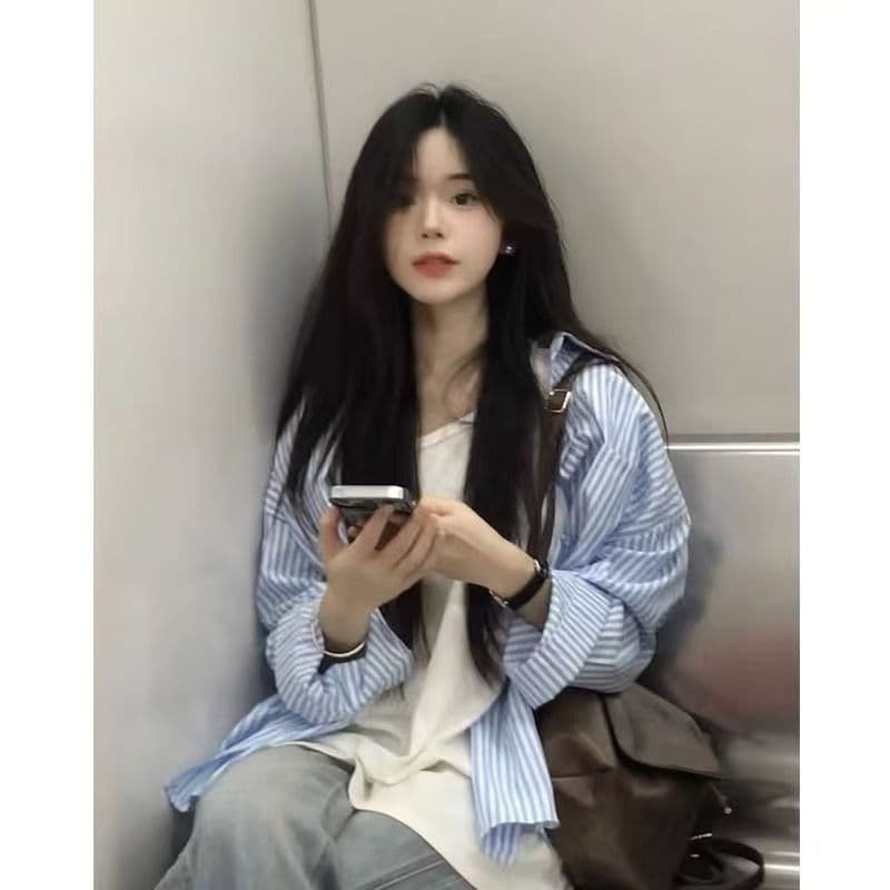 2026 새로운 스트라이프 여성 셔츠 봄 여름 얇은 스타일 품격 ins 트렌디 고급 센스 루즈핏 오픈 가디건 긴팔 맨위 상세 이미지 14