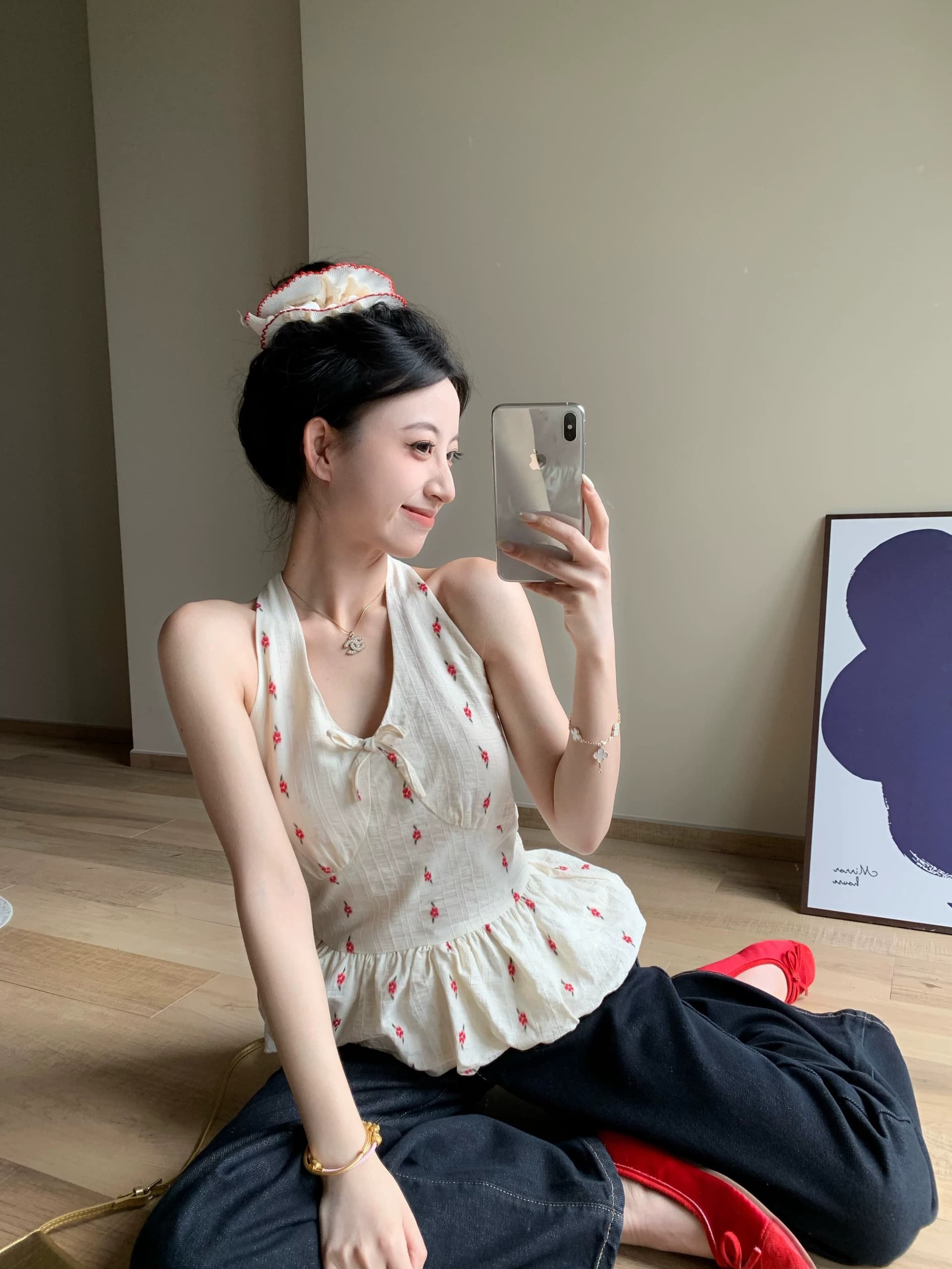 한 부서 V넥 꽃무늬 행침 목 민소매 캐미솔 여름 꽃밭 허리 수축 프릴 퍼프 쇼트 스타일 맨위