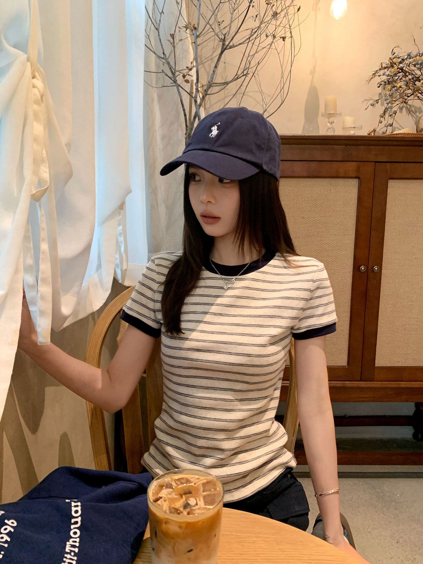 원본 컬러 짜임 기사 90 면 5 폴리에스터 5 암모니아 Lun 스트라이프 정원 칼라 긍정적 인 어깨 반팔 티셔츠 여성 아모이 다용도 맨위