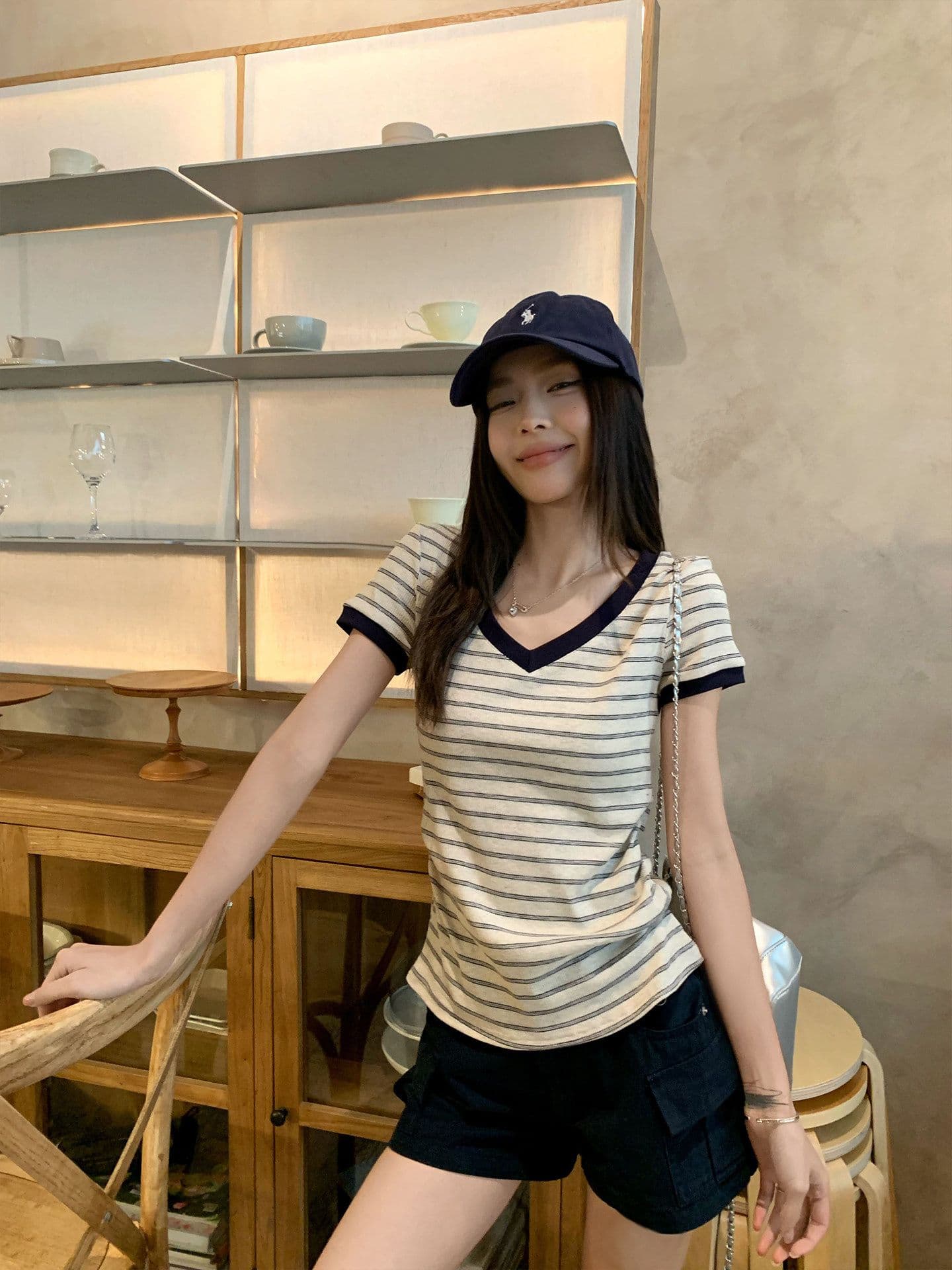 원본 컬러 짜임 기사 90 면 5 폴리에스터 5 암모니아 Lun 스트라이프 정원 칼라 긍정적 인 어깨 반팔 티셔츠 여성 아모이 다용도 맨위 이미지 3