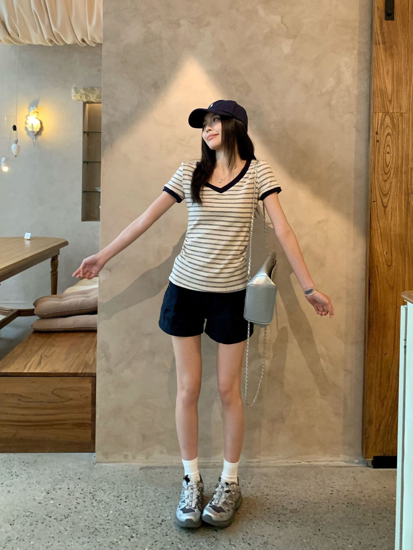 원본 컬러 짜임 기사 90 면 5 폴리에스터 5 암모니아 Lun 스트라이프 정원 칼라 긍정적 인 어깨 반팔 티셔츠 여성 아모이 다용도 맨위 이미지 4