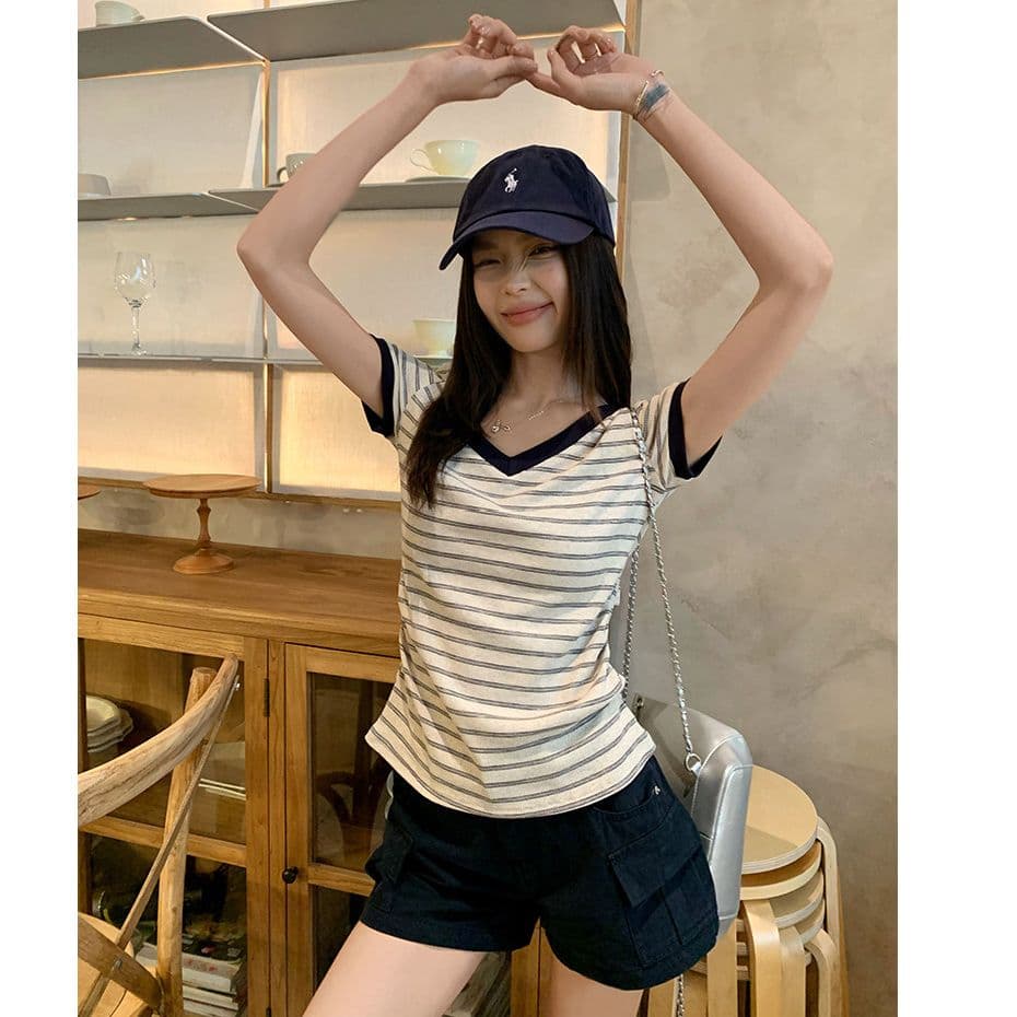 원본 컬러 짜임 기사 90 면 5 폴리에스터 5 암모니아 Lun 스트라이프 정원 칼라 긍정적 인 어깨 반팔 티셔츠 여성 아모이 다용도 맨위 이미지 2