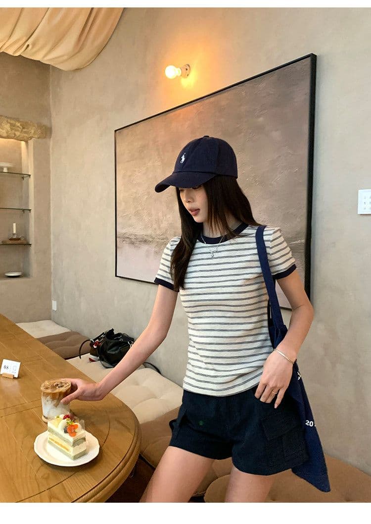 원본 컬러 짜임 기사 90 면 5 폴리에스터 5 암모니아 Lun 스트라이프 정원 칼라 긍정적 인 어깨 반팔 티셔츠 여성 아모이 다용도 맨위 상세 이미지 2