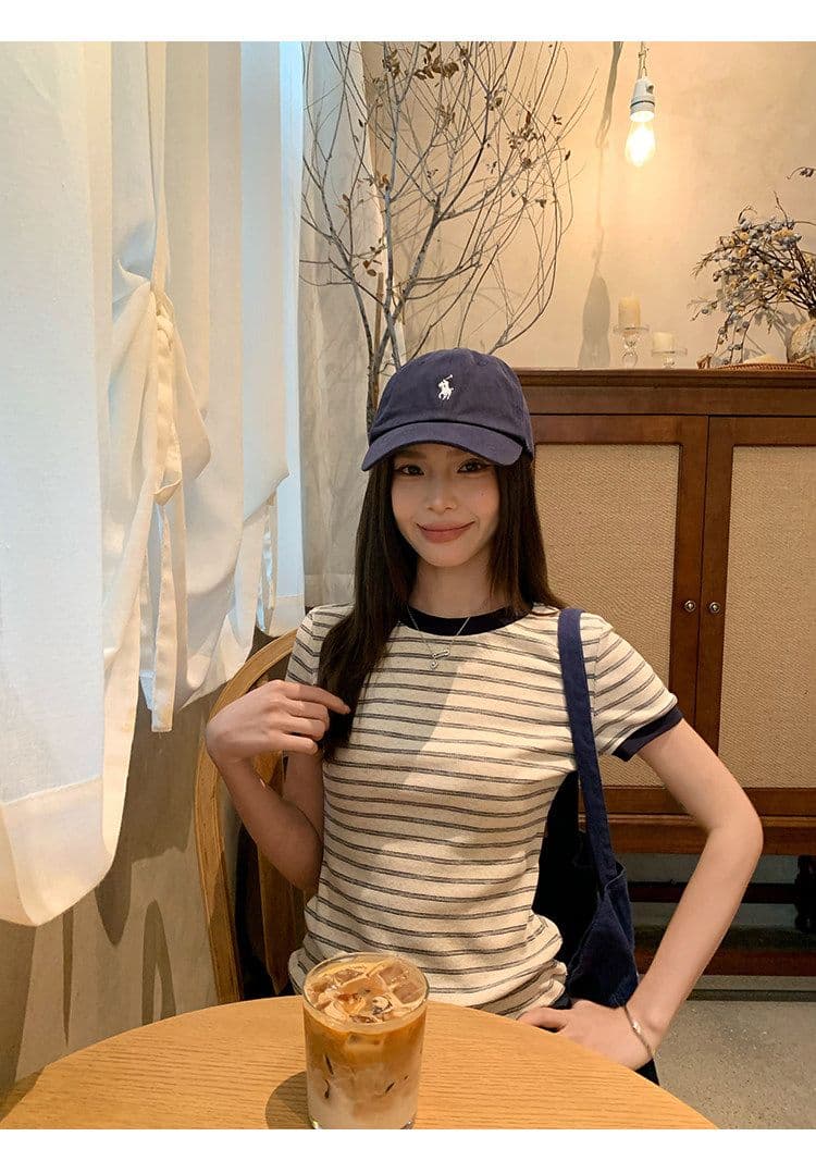 원본 컬러 짜임 기사 90 면 5 폴리에스터 5 암모니아 Lun 스트라이프 정원 칼라 긍정적 인 어깨 반팔 티셔츠 여성 아모이 다용도 맨위 상세 이미지 3