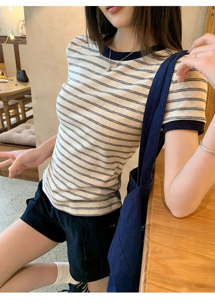 원본 컬러 짜임 기사 90 면 5 폴리에스터 5 암모니아 Lun 스트라이프 정원 칼라 긍정적 인 어깨 반팔 티셔츠 여성 아모이 다용도 맨위 상세 이미지 7