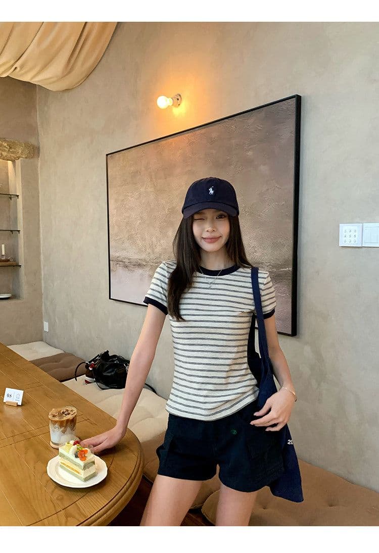 원본 컬러 짜임 기사 90 면 5 폴리에스터 5 암모니아 Lun 스트라이프 정원 칼라 긍정적 인 어깨 반팔 티셔츠 여성 아모이 다용도 맨위 상세 이미지 8