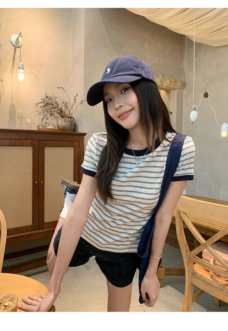 원본 컬러 짜임 기사 90 면 5 폴리에스터 5 암모니아 Lun 스트라이프 정원 칼라 긍정적 인 어깨 반팔 티셔츠 여성 아모이 다용도 맨위 상세 이미지 11