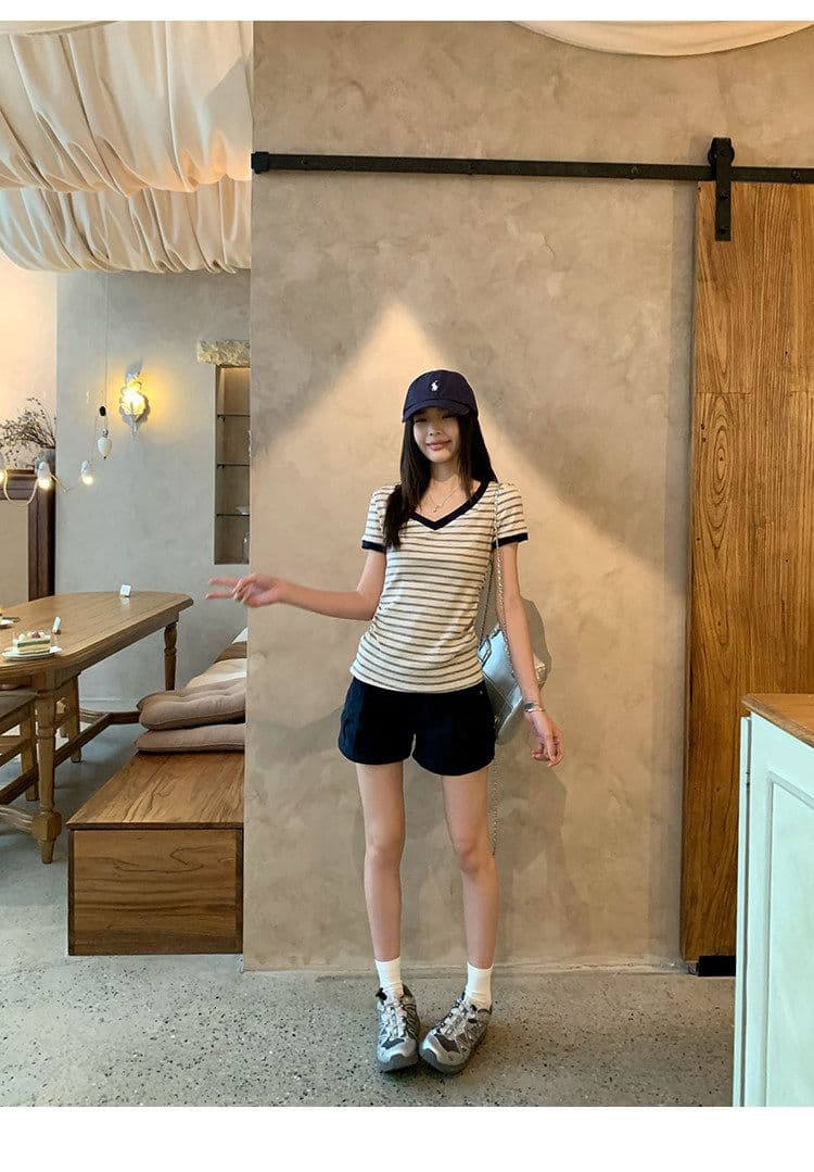 원본 컬러 짜임 기사 90 면 5 폴리에스터 5 암모니아 Lun 스트라이프 정원 칼라 긍정적 인 어깨 반팔 티셔츠 여성 아모이 다용도 맨위 상세 이미지 15