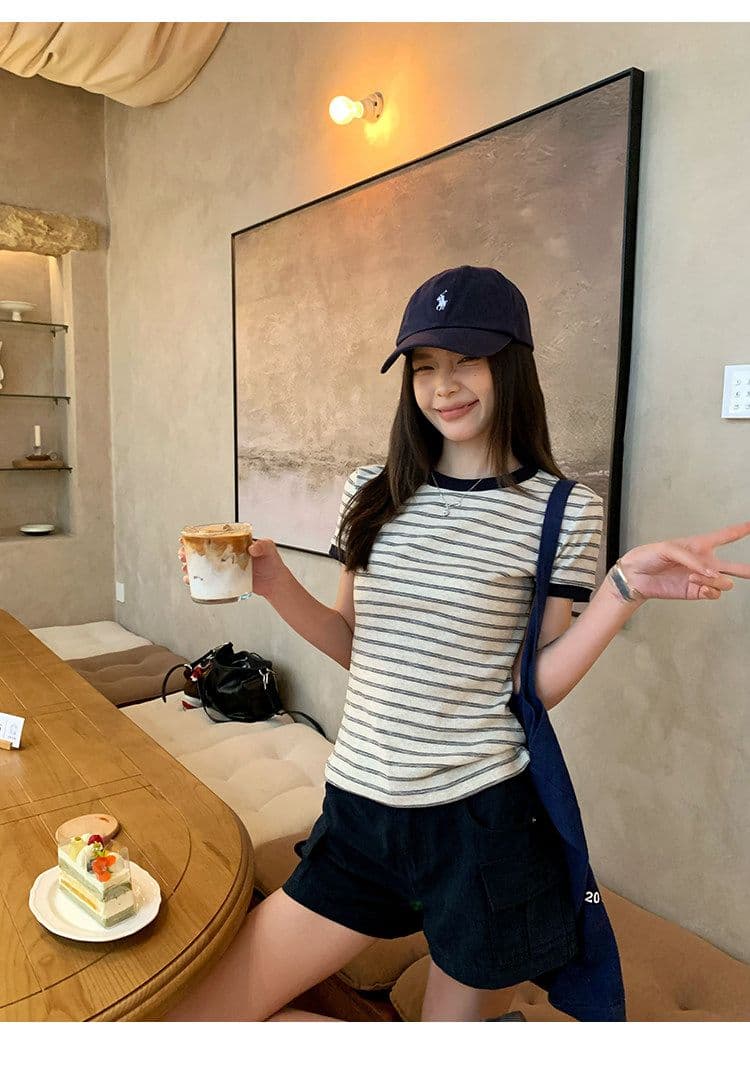 원본 컬러 짜임 기사 90 면 5 폴리에스터 5 암모니아 Lun 스트라이프 정원 칼라 긍정적 인 어깨 반팔 티셔츠 여성 아모이 다용도 맨위 상세 이미지 16
