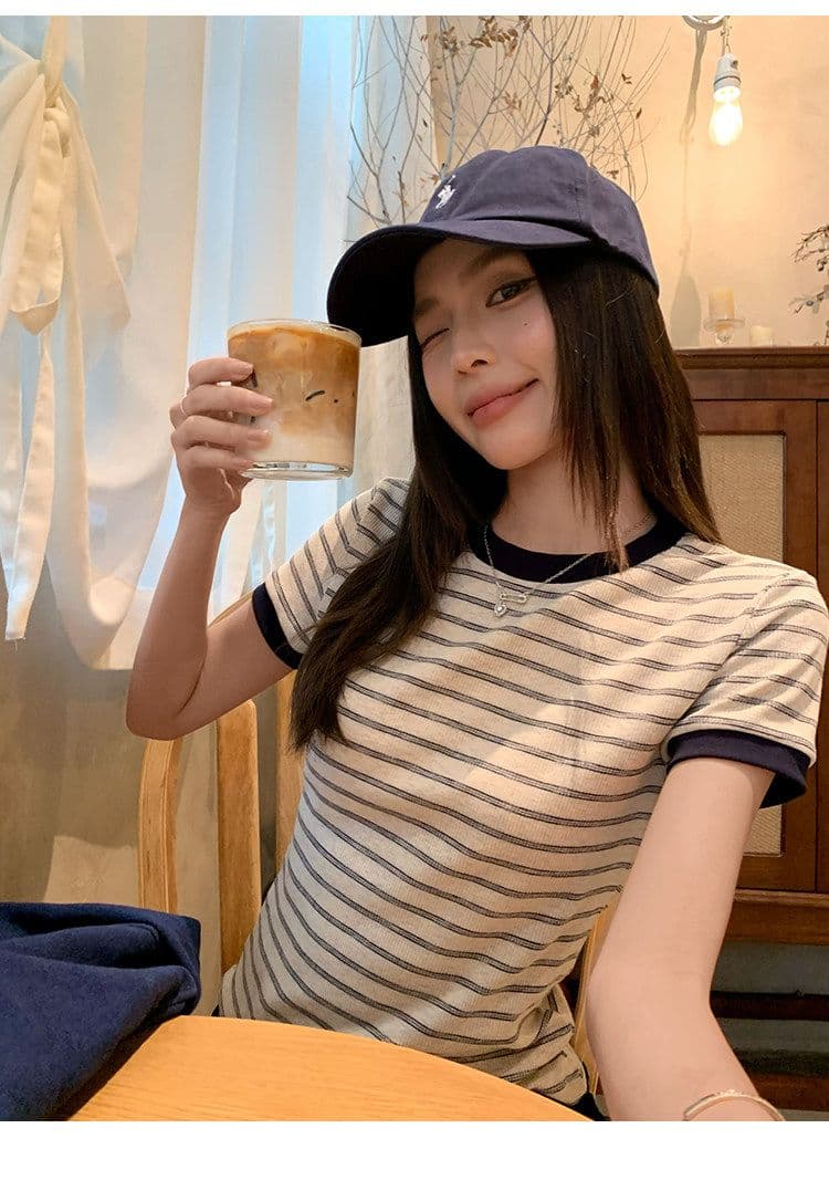 원본 컬러 짜임 기사 90 면 5 폴리에스터 5 암모니아 Lun 스트라이프 정원 칼라 긍정적 인 어깨 반팔 티셔츠 여성 아모이 다용도 맨위 상세 이미지 17