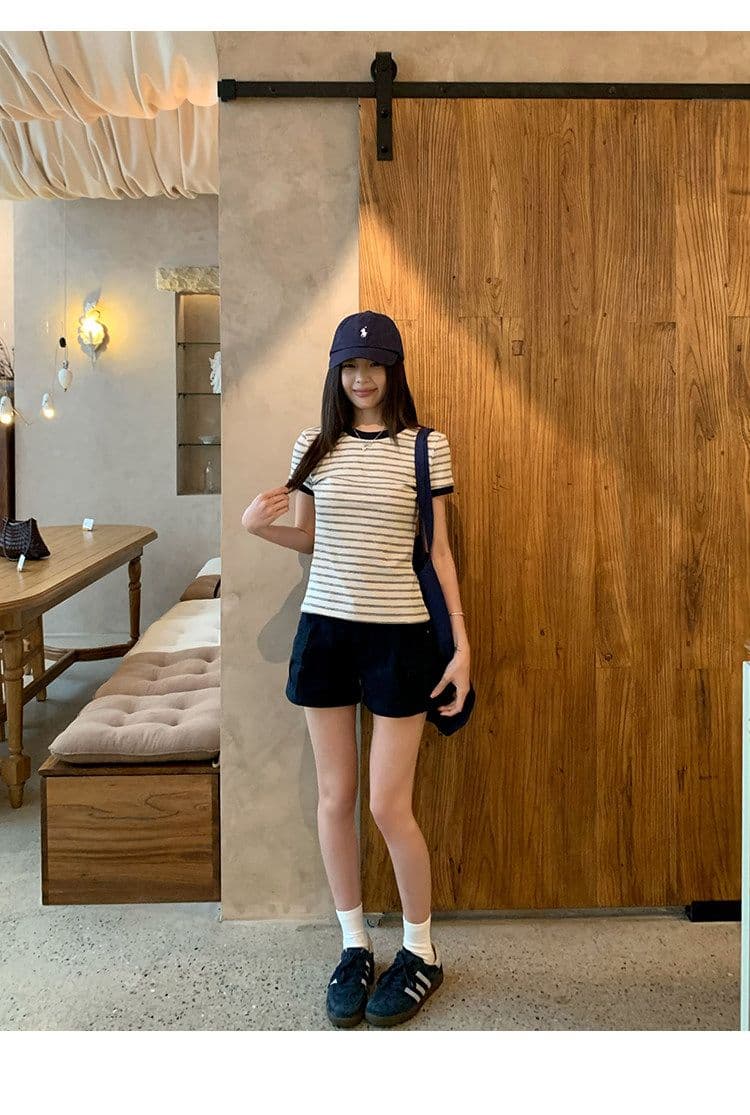 원본 컬러 짜임 기사 90 면 5 폴리에스터 5 암모니아 Lun 스트라이프 정원 칼라 긍정적 인 어깨 반팔 티셔츠 여성 아모이 다용도 맨위 상세 이미지 18