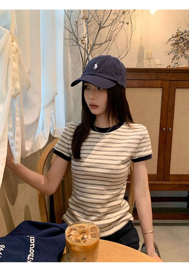 원본 컬러 짜임 기사 90 면 5 폴리에스터 5 암모니아 Lun 스트라이프 정원 칼라 긍정적 인 어깨 반팔 티셔츠 여성 아모이 다용도 맨위 상세 이미지 19
