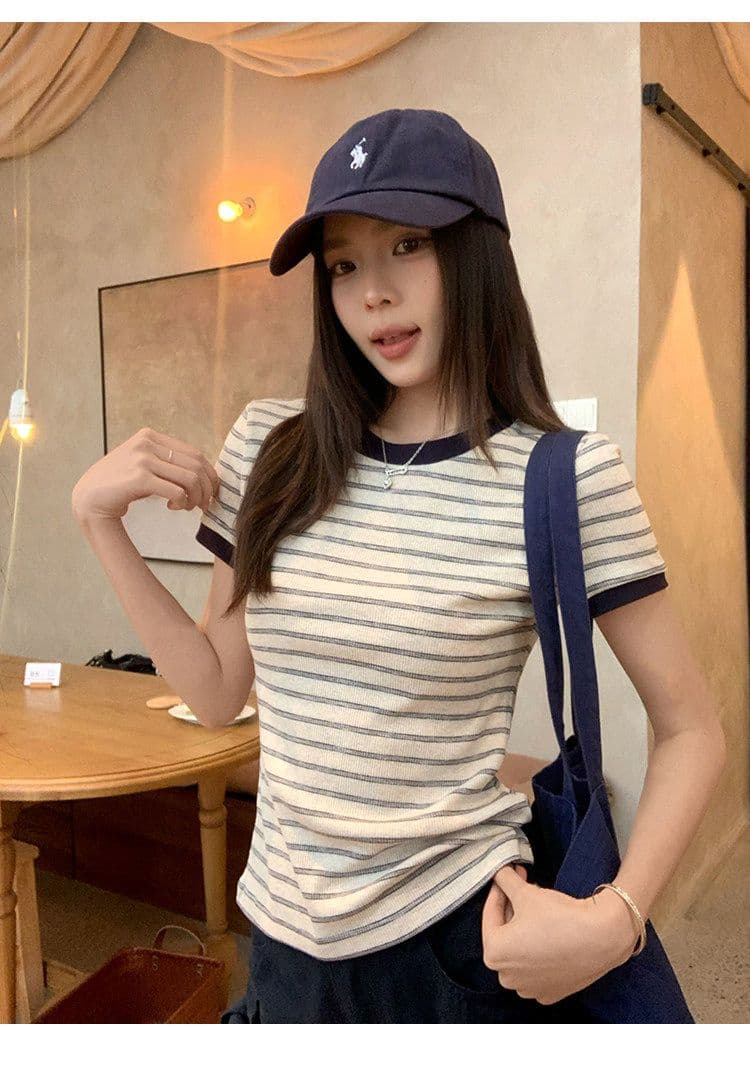 원본 컬러 짜임 기사 90 면 5 폴리에스터 5 암모니아 Lun 스트라이프 정원 칼라 긍정적 인 어깨 반팔 티셔츠 여성 아모이 다용도 맨위 상세 이미지 21