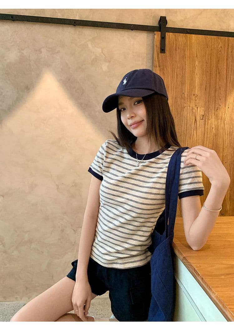 원본 컬러 짜임 기사 90 면 5 폴리에스터 5 암모니아 Lun 스트라이프 정원 칼라 긍정적 인 어깨 반팔 티셔츠 여성 아모이 다용도 맨위 상세 이미지 23