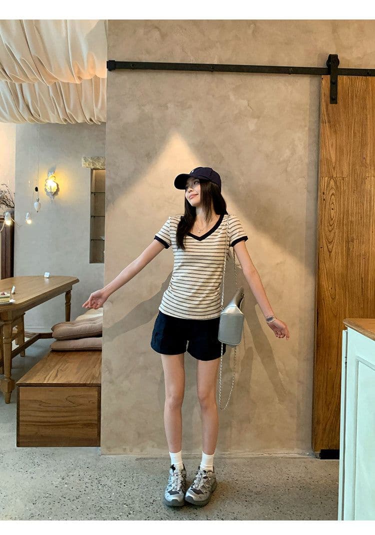원본 컬러 짜임 기사 90 면 5 폴리에스터 5 암모니아 Lun 스트라이프 정원 칼라 긍정적 인 어깨 반팔 티셔츠 여성 아모이 다용도 맨위 상세 이미지 25