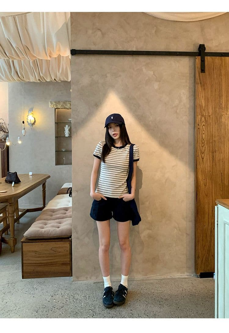 원본 컬러 짜임 기사 90 면 5 폴리에스터 5 암모니아 Lun 스트라이프 정원 칼라 긍정적 인 어깨 반팔 티셔츠 여성 아모이 다용도 맨위 상세 이미지 27