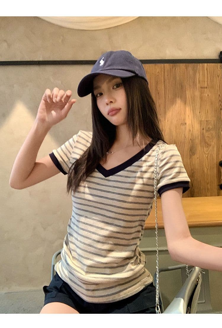 원본 컬러 짜임 기사 90 면 5 폴리에스터 5 암모니아 Lun 스트라이프 정원 칼라 긍정적 인 어깨 반팔 티셔츠 여성 아모이 다용도 맨위 상세 이미지 29