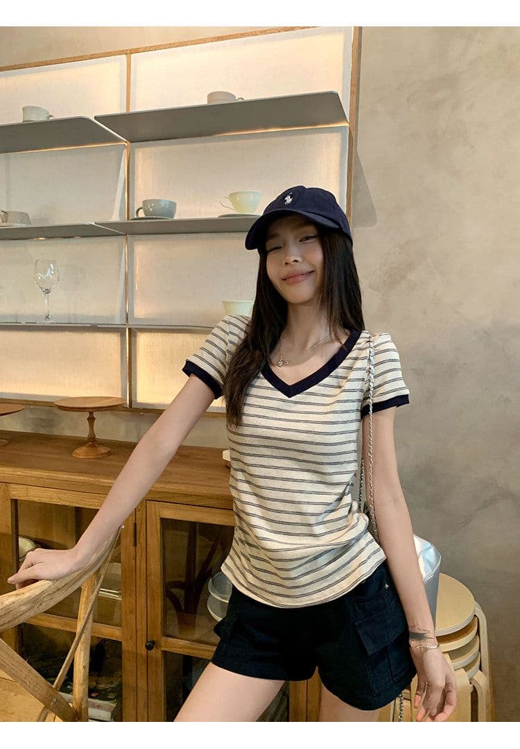 원본 컬러 짜임 기사 90 면 5 폴리에스터 5 암모니아 Lun 스트라이프 정원 칼라 긍정적 인 어깨 반팔 티셔츠 여성 아모이 다용도 맨위 상세 이미지 31