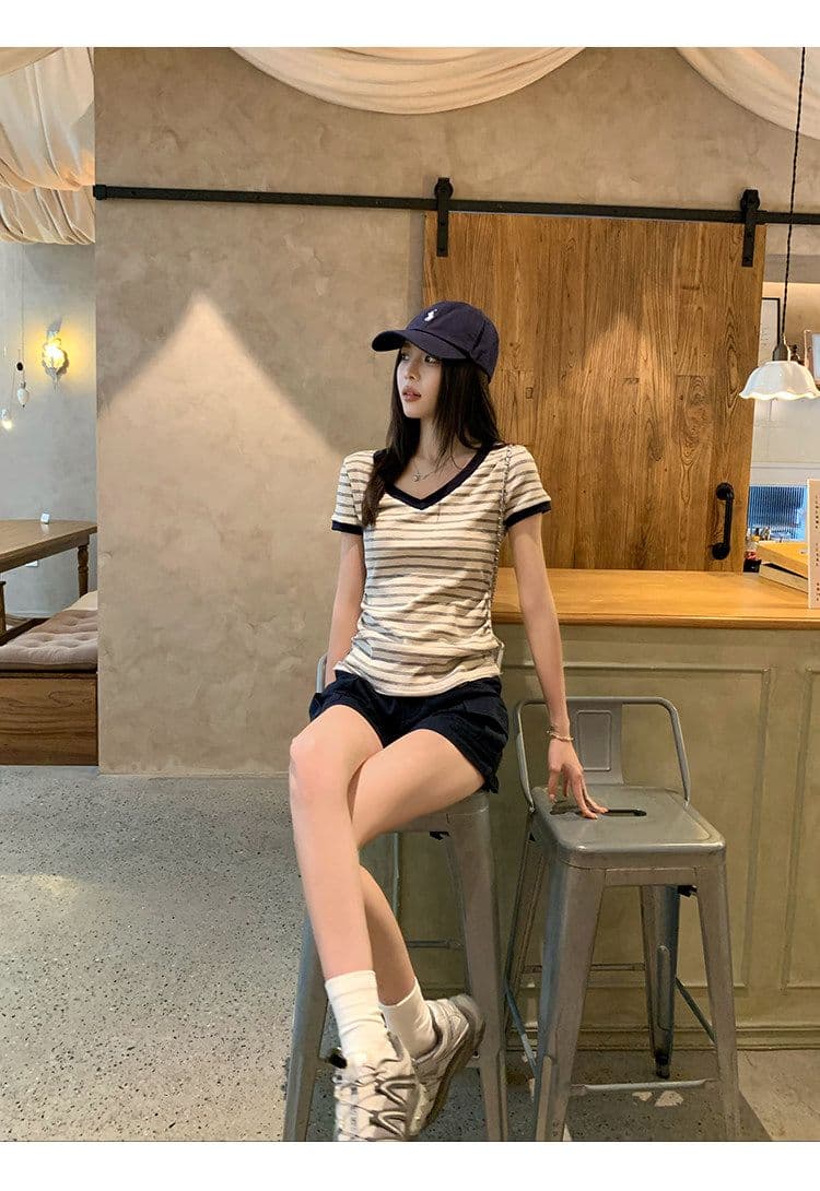 원본 컬러 짜임 기사 90 면 5 폴리에스터 5 암모니아 Lun 스트라이프 정원 칼라 긍정적 인 어깨 반팔 티셔츠 여성 아모이 다용도 맨위 상세 이미지 32