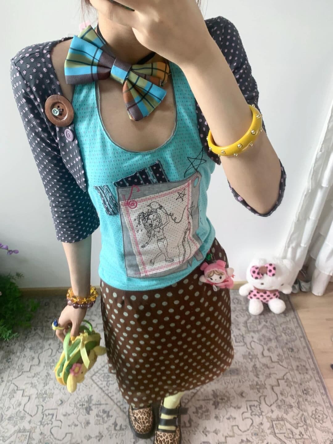 슬립 오픈 가디건 자수 패치 레이스 도트 무늬 세트