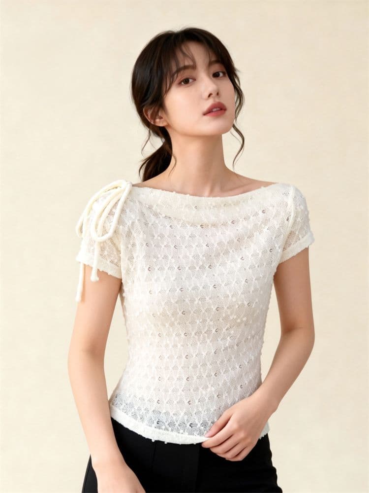원본 원단 2026 새로운 부드러운 바람 비스듬한 어깨 레이스업 작은 셔츠 여성 여름 몸매 가꾸기 슬림해 보이는 쇼트 스타일 맨위 상세 이미지 4