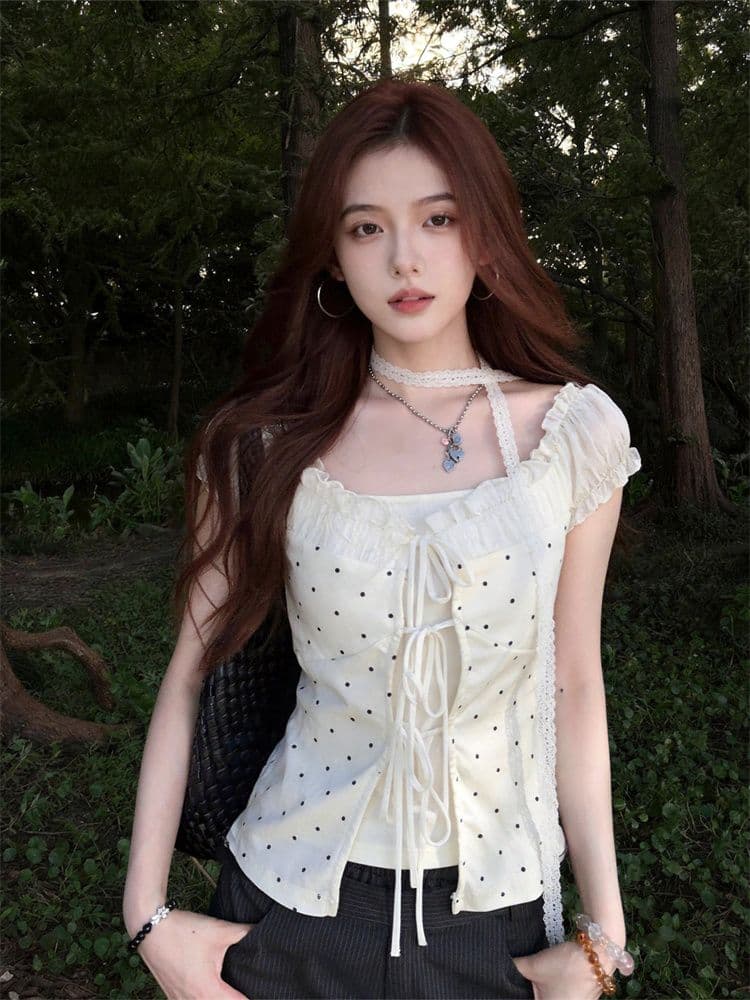 210 그램 40 순면 달콤한 스타일 레이스 조각 도트 무늬 오프숄더 티셔츠 여성 여름 핫걸 페이크 레이어드 맨위