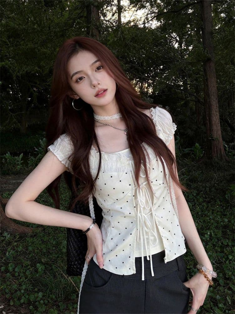 210 그램 40 순면 달콤한 스타일 레이스 조각 도트 무늬 오프숄더 티셔츠 여성 여름 핫걸 페이크 레이어드 맨위 이미지 3