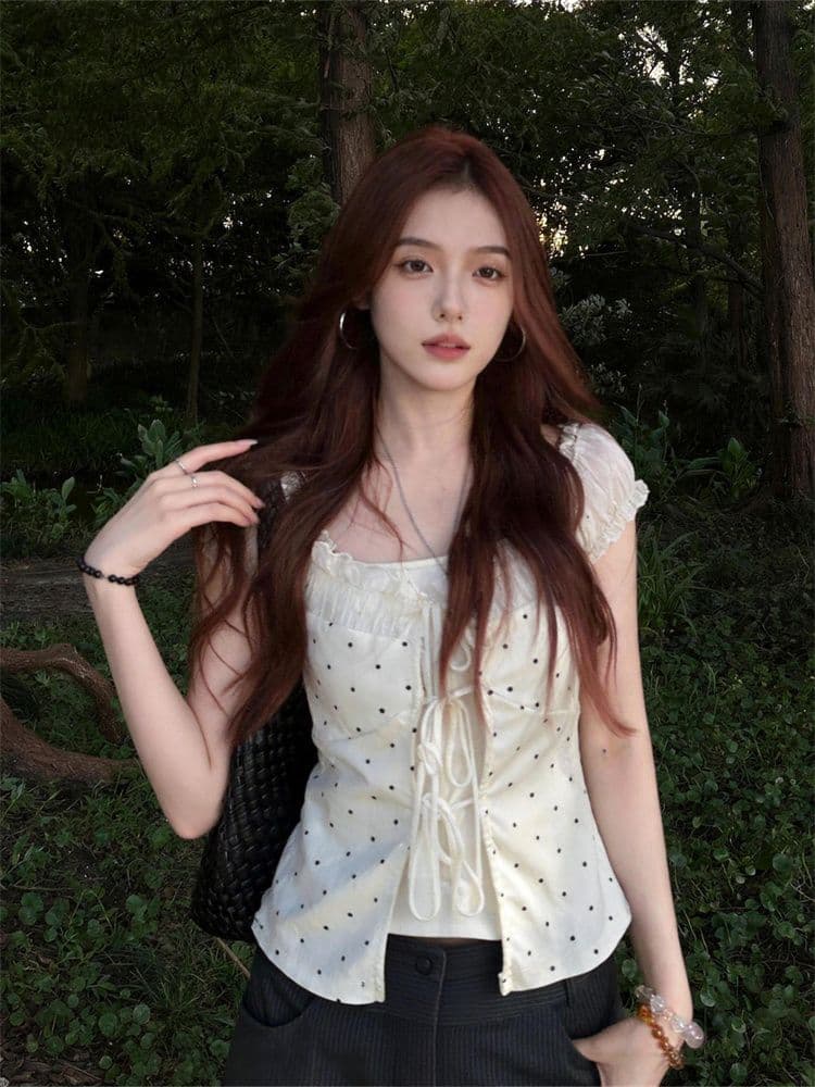 210 그램 40 순면 달콤한 스타일 레이스 조각 도트 무늬 오프숄더 티셔츠 여성 여름 핫걸 페이크 레이어드 맨위 상세 이미지 2