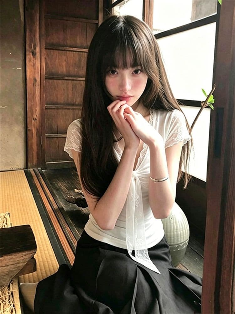 1 1 와 사고 방식 V넥 레이스 조각 반팔 티셔츠 여성 여름 화이트 나비 넥타이 페이크 레이어드 슬림해 보이는 맨위 이미지 3