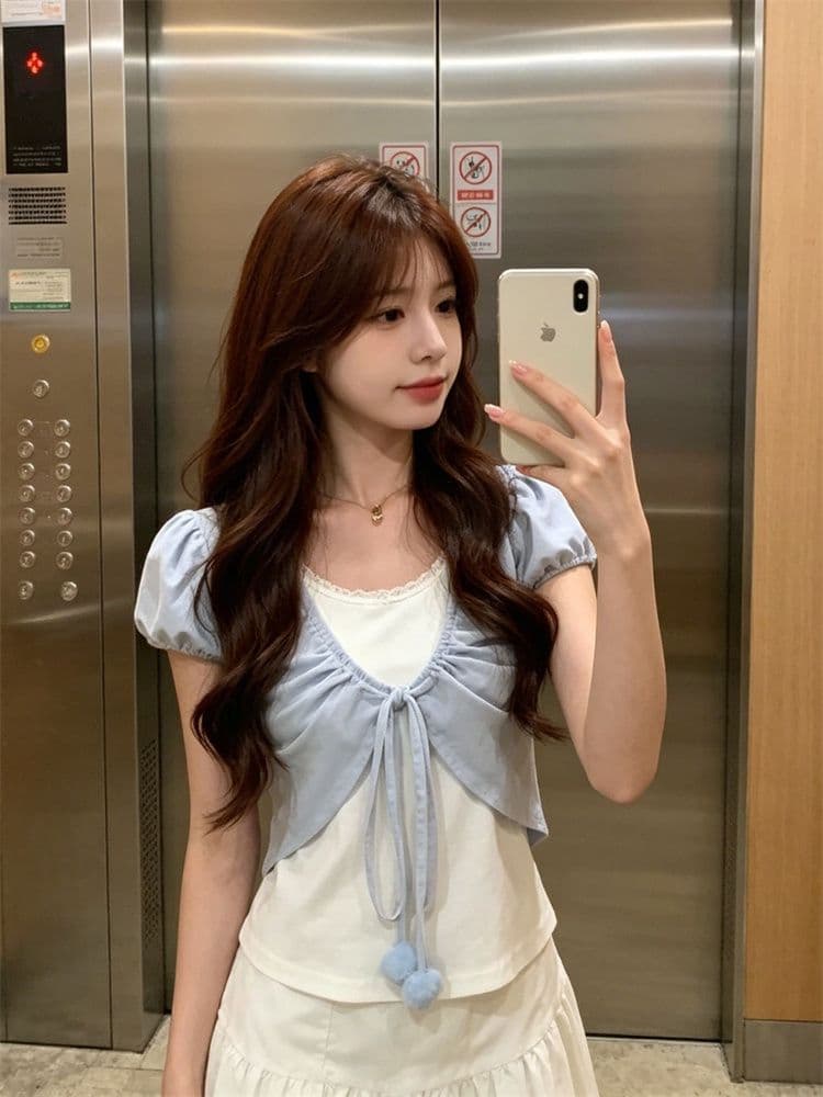 원본 두꺼운 바늘 대나무 마디 아빠 딩 달콤한 차 거품 소매 페이크 레이어드 펌프 로프 스트랩 주름 반팔 티셔츠 여성 짧은 맨위 이미지 3