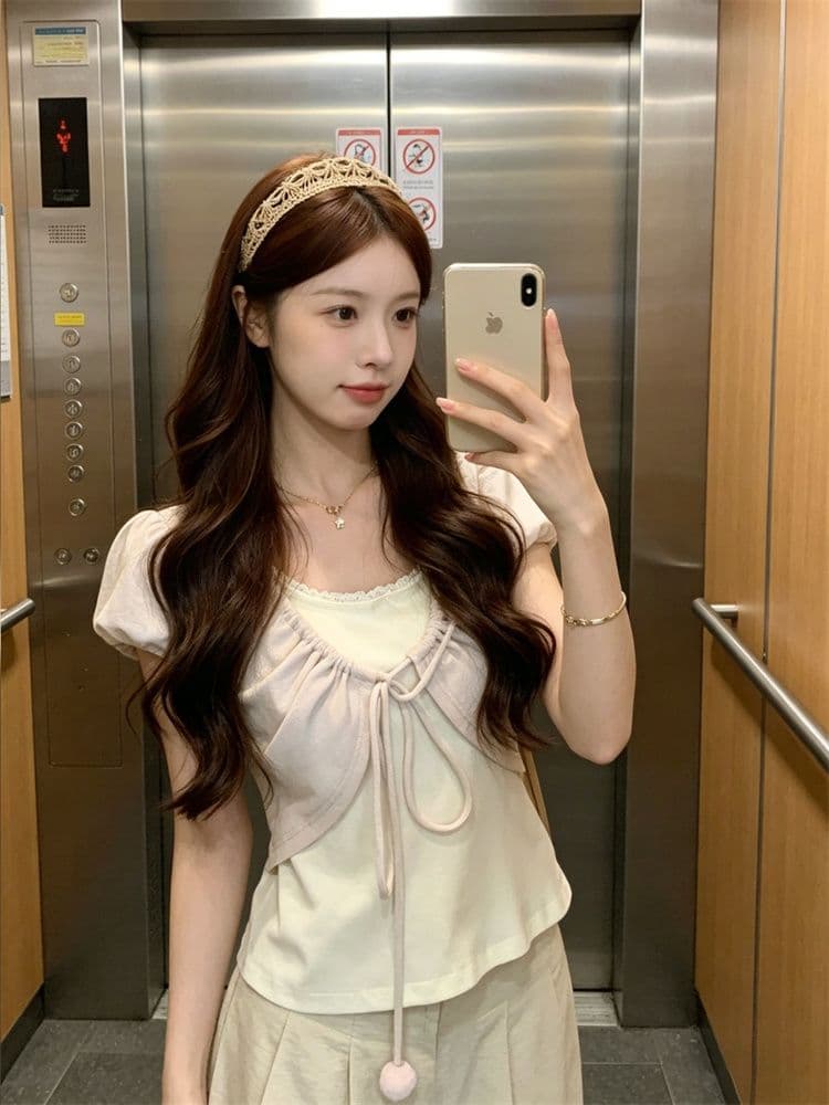 원본 두꺼운 바늘 대나무 마디 아빠 딩 달콤한 차 거품 소매 페이크 레이어드 펌프 로프 스트랩 주름 반팔 티셔츠 여성 짧은 맨위 이미지 2