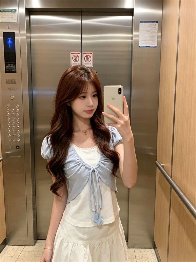원본 두꺼운 바늘 대나무 마디 아빠 딩 달콤한 차 거품 소매 페이크 레이어드 펌프 로프 스트랩 주름 반팔 티셔츠 여성 짧은 맨위