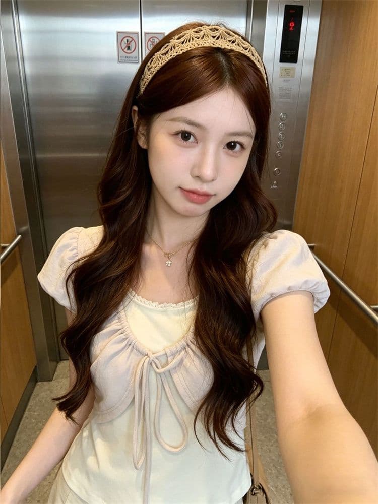 원본 두꺼운 바늘 대나무 마디 아빠 딩 달콤한 차 거품 소매 페이크 레이어드 펌프 로프 스트랩 주름 반팔 티셔츠 여성 짧은 맨위 이미지 4