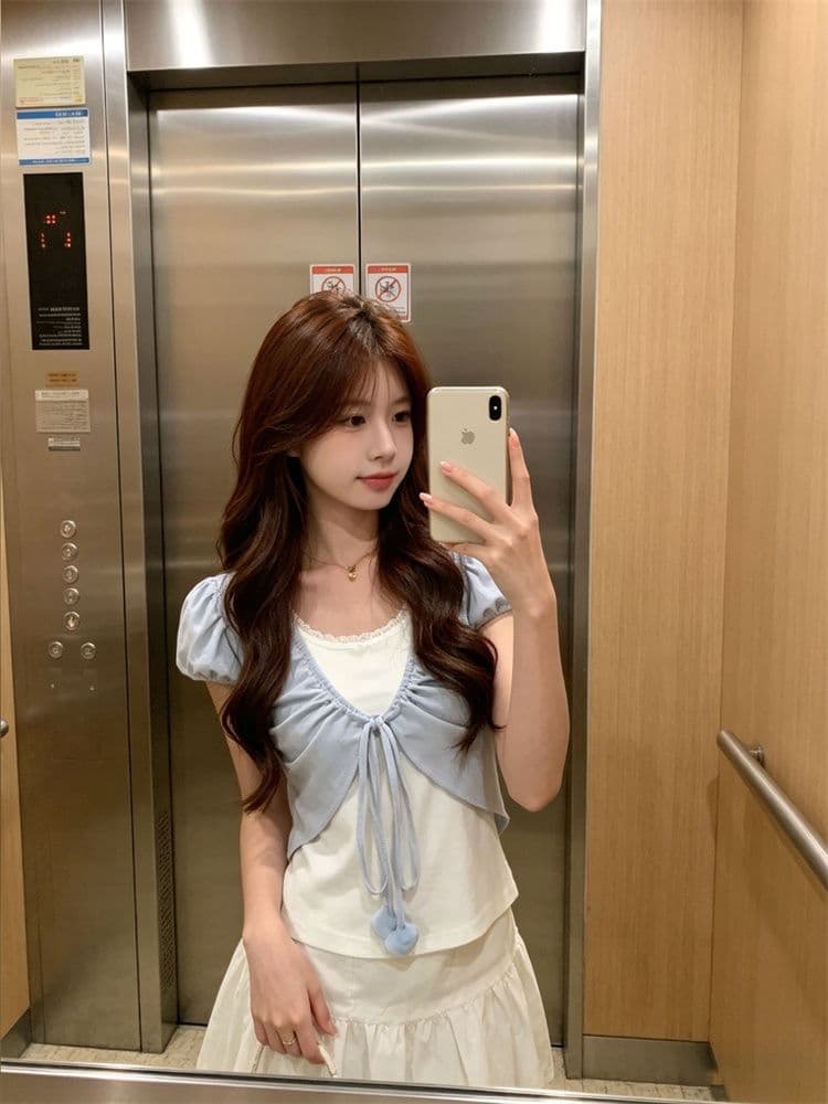 원본 두꺼운 바늘 대나무 마디 아빠 딩 달콤한 차 거품 소매 페이크 레이어드 펌프 로프 스트랩 주름 반팔 티셔츠 여성 짧은 맨위 상세 이미지 1