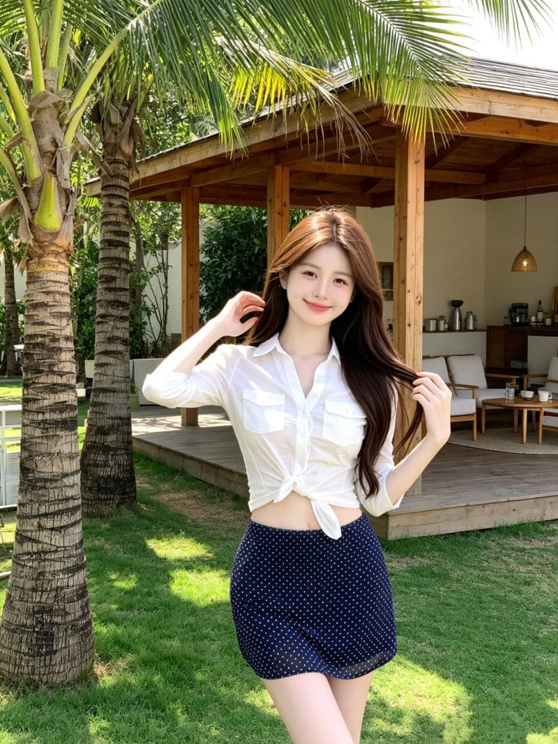 순면 대나무 마디 빛 요리 한 바람 화이트 매듭이 달린 poio 칼라 셔츠 여성 의류 여름 섹시함 도트 무늬 타이트 스커트 투피스 세트 상세 이미지 1