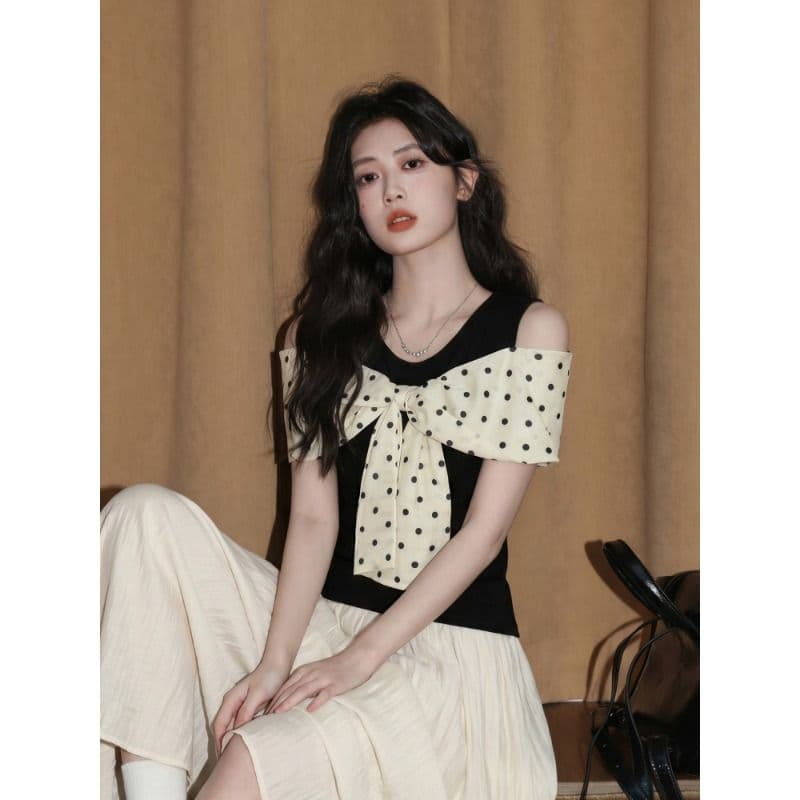 원본 자카드 사람들 면 프랑스식 검정색 도트 무늬 나비 매듭 반팔 티셔츠 오프숄더 맨위 여름 이미지 5