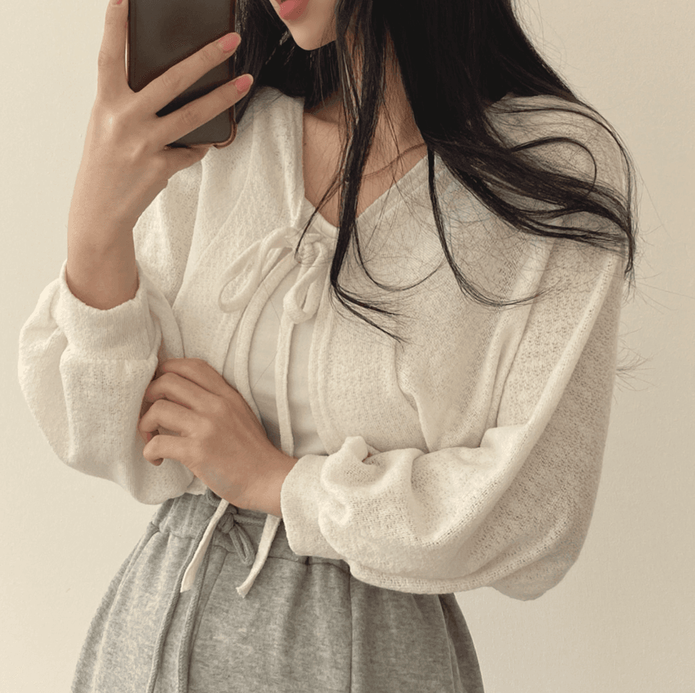 여름 태양 보호 셔츠 작은 대중 다용도 스트랩 벌룬 소매 쇼트 스타일 얇은 스타일 오픈 가디건 여성 코트 에어컨 셔츠 상세 이미지 4