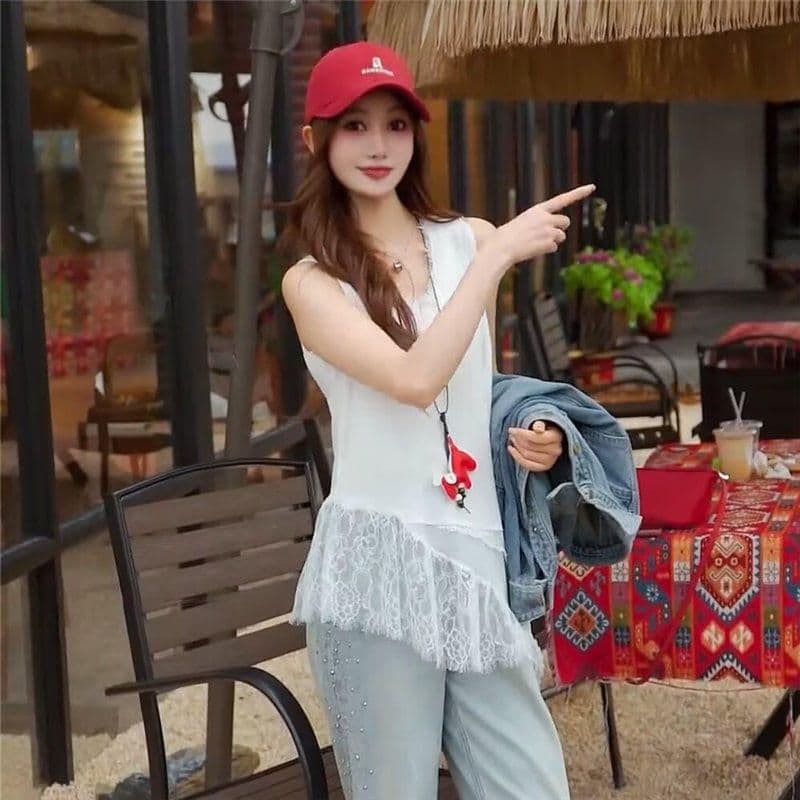 눈꽃 면 여름 외출용 패치워크 V넥 불규칙 티셔츠 길다 조끼 여성 스택 착용 민소매 맨위