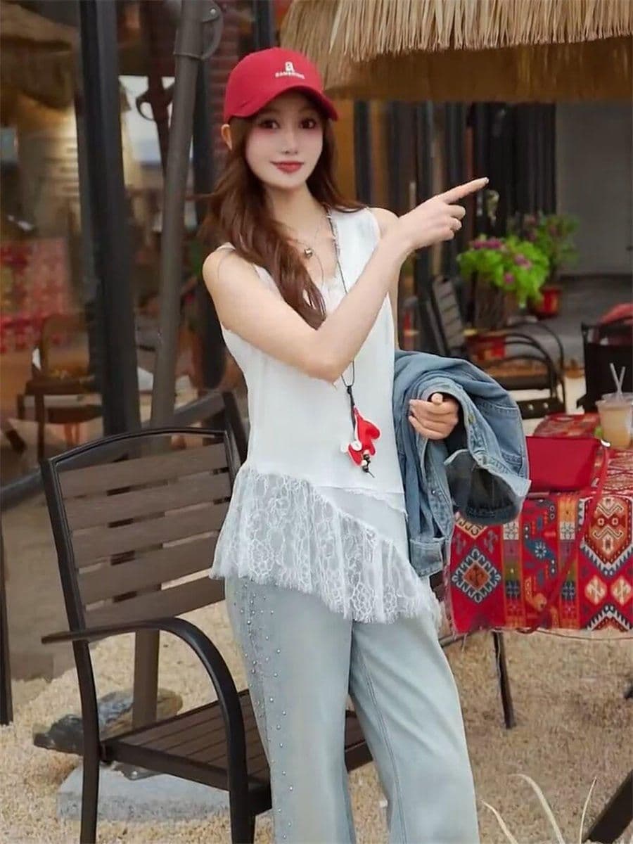 눈꽃 면 여름 외출용 패치워크 V넥 불규칙 티셔츠 길다 조끼 여성 스택 착용 민소매 맨위 상세 이미지 6