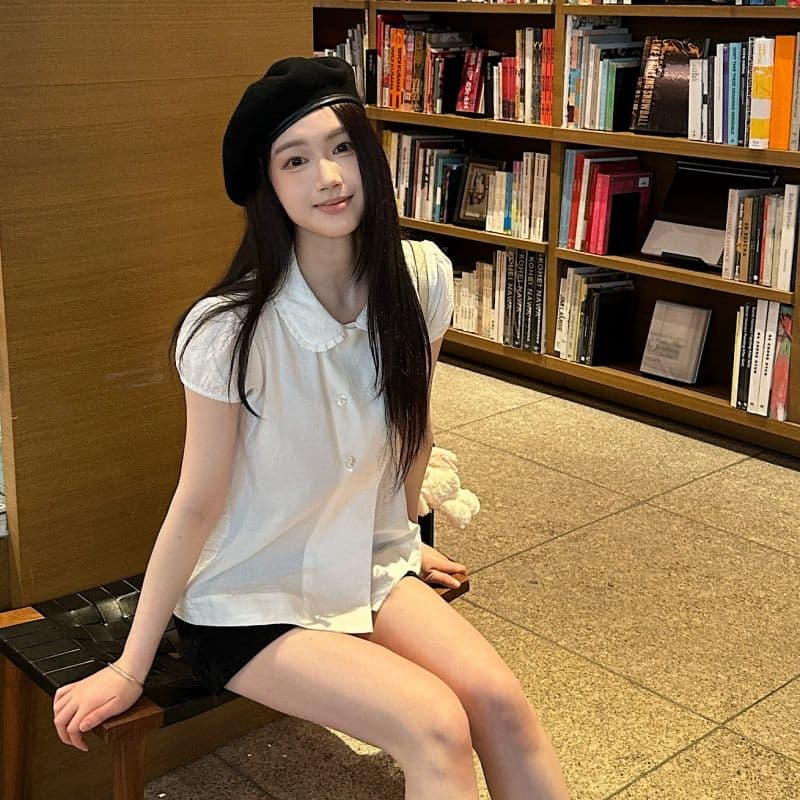 원본 원단 순면 오픈 가디건 단추 이중 버튼 주름 베이비 칼라 화이트 셔츠 반팔 맨위 여성 이미지 2