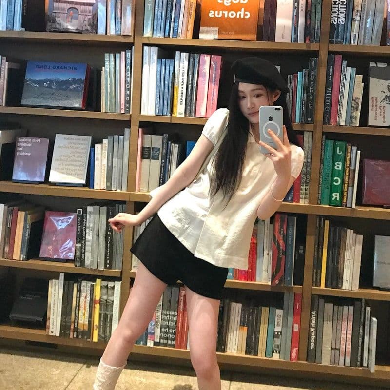 원본 원단 순면 오픈 가디건 단추 이중 버튼 주름 베이비 칼라 화이트 셔츠 반팔 맨위 여성 이미지 3