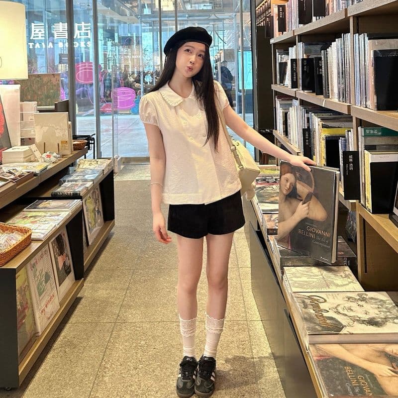 원본 원단 순면 오픈 가디건 단추 이중 버튼 주름 베이비 칼라 화이트 셔츠 반팔 맨위 여성 이미지 5