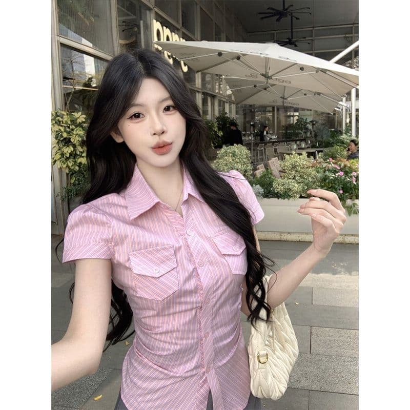 원본 원단 핑크색 스트라이프 반팔 여성 셔츠 여름 새로운 꼬집기 허리 자르기 몸매 가꾸기 다용도 맨위 이미지 3